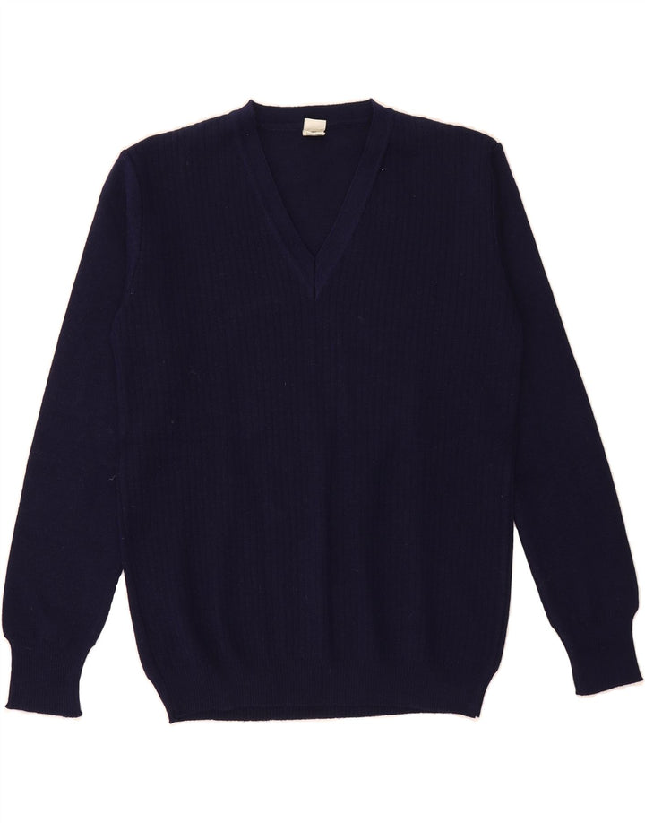 VINTAGE Mens V-Neck Jumper Sweater Medium Navy Blue Acrylic Vintage Vintage and Second-Hand Vintage from Messina Hembry 