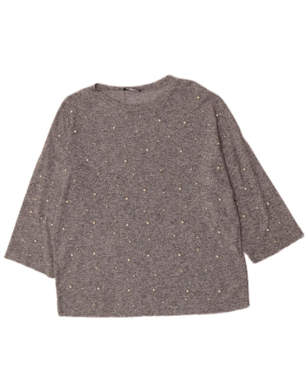 Zara Damen-Pullover mit 3/4-Ärmeln und U-Boot-Ausschnitt, Gr. 14, Mittelgrau