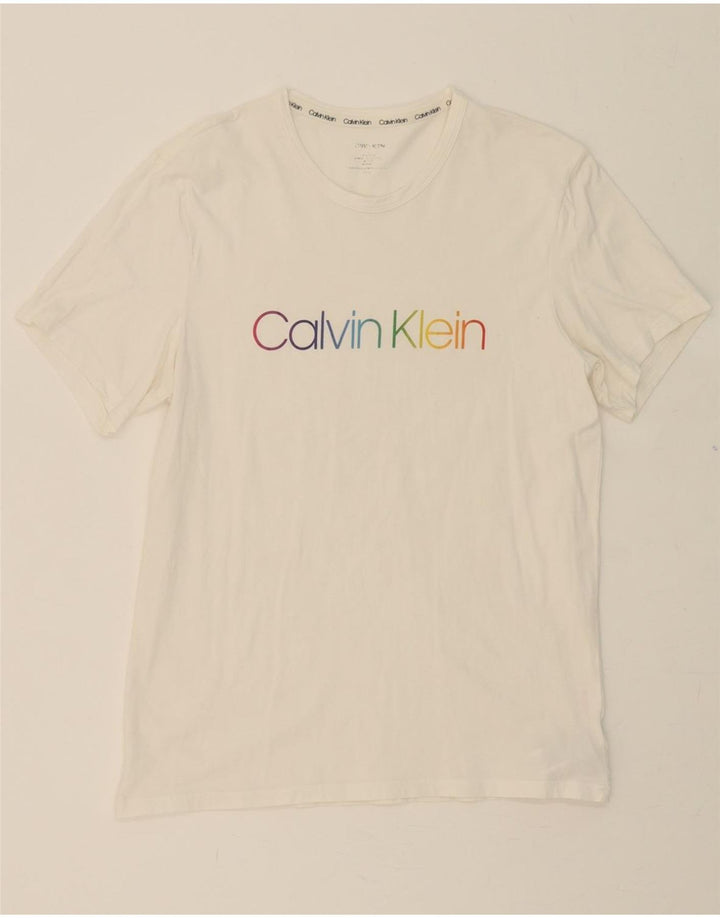 CALVIN KLEIN Mens Graphic T-Shirt Top Medium White Cotton Vintage Calvin Klein and Second-Hand Calvin Klein from Messina Hembry 