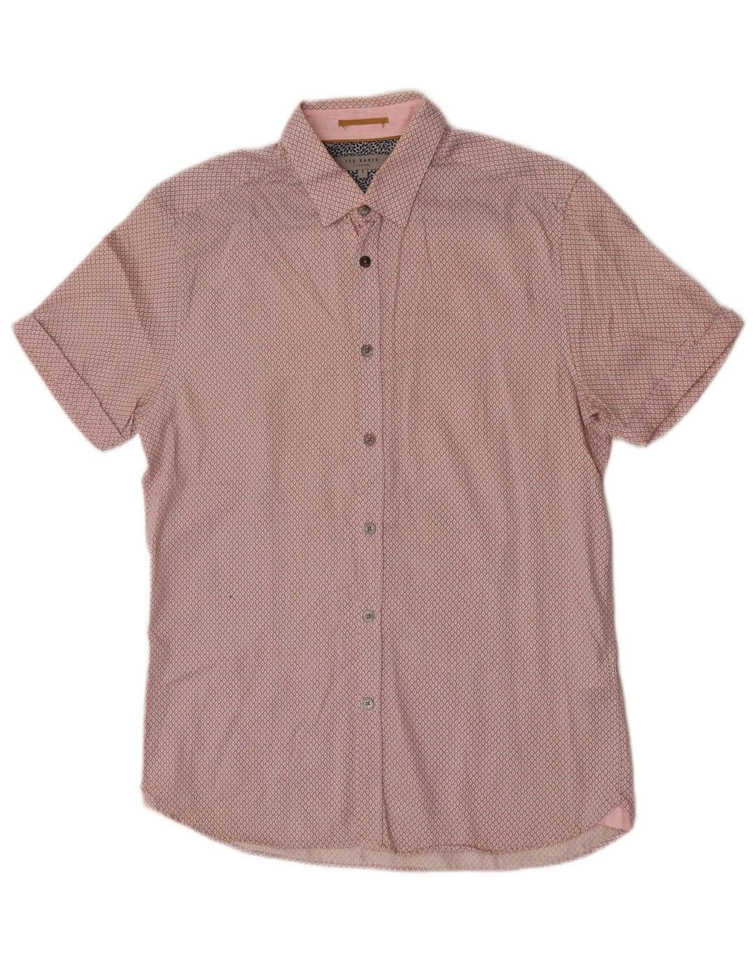 Ted Baker Mens Short Sleeve Shirt Size 3 Medium Pink Argyle/Diamond Cotton