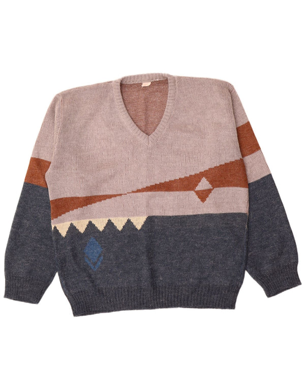 Vintage Mens V-Neck Jumper Sweater IT 56 XL Navy Blue Colourblock