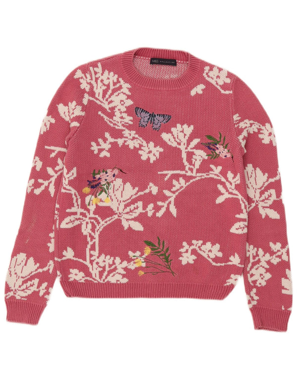 Marks & Spencer Womens Crew Neck Jumper Sweater UK 8 Small Pink Butterfly