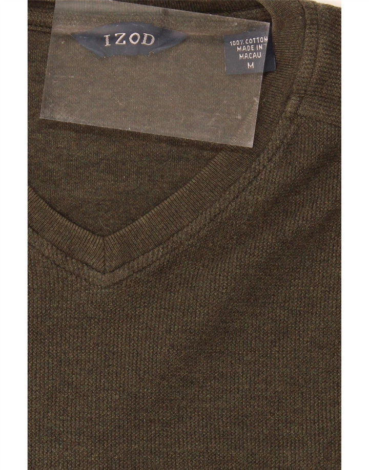 IZOD Mens V-Neck Jumper Sweater Medium Khaki Striped Cotton Vintage Izod and Second-Hand Izod from Messina Hembry 