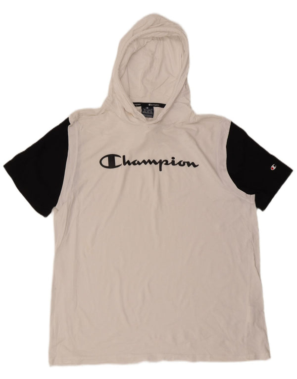 Champion Mens Hooded Graphic T-Shirt Top 2XL White Colourblock Cotton
