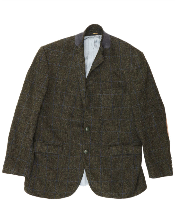 Barbour Mens 2 Button Blazer Jacket UK 42 Large Khaki Check Wool