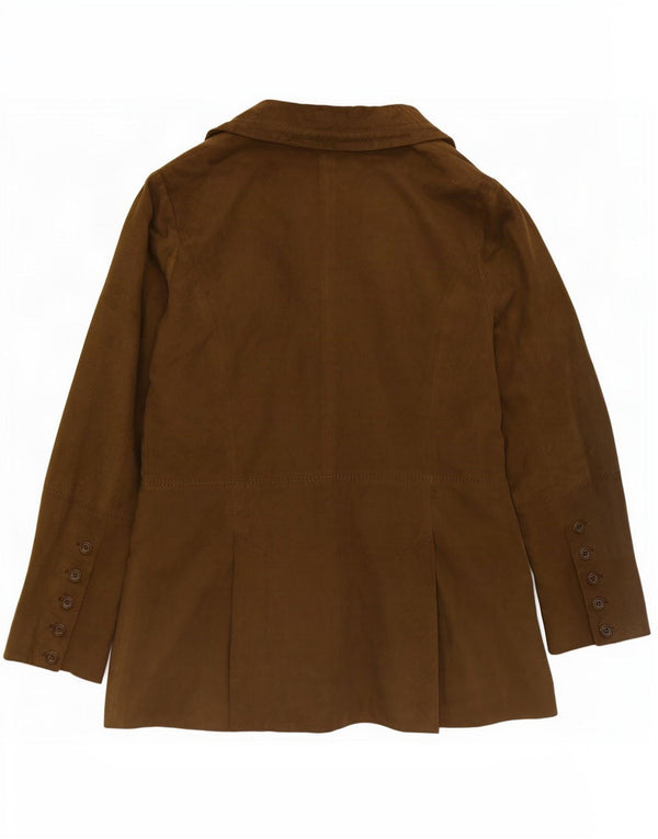 Giacca blazer a 3 bottoni in pelle scamosciata dalla vestibilità rilassata da donna vintage UK 6 XS Cachi