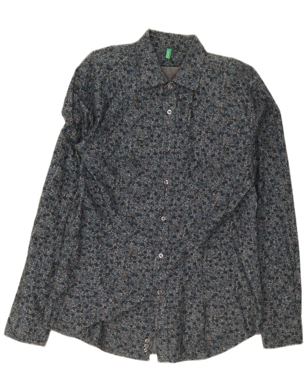 Camicia Benetton Uomo XL Cotone Floreale Blu Navy