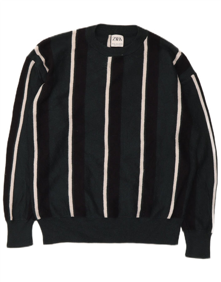 Zara Mens Crew Neck Jumper Sweater Medium Green Striped