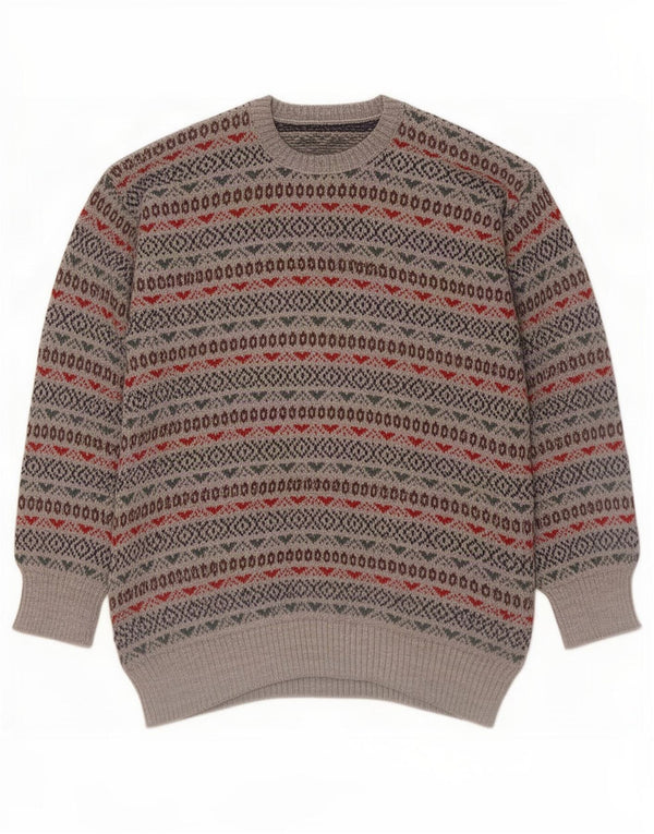 Vintage Mens Crew Neck Jumper Sweater Small Grey Fair Isle