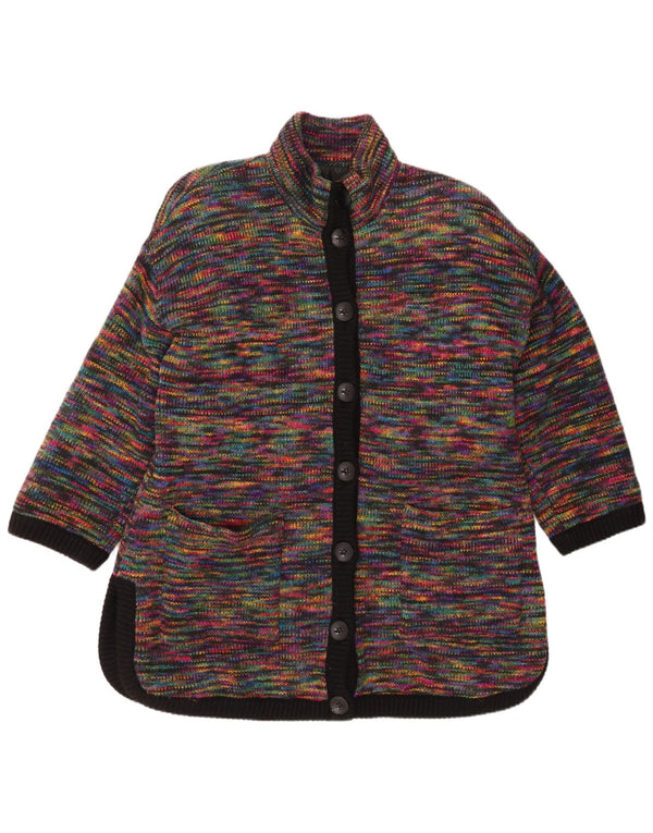 Maglione cardigan lungo da donna vintage UK 18 XL multicolore chiazzato