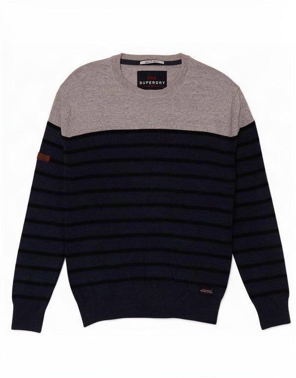 Superdry Mens Crew Neck Jumper Sweater Small Navy Blue Striped Cotton