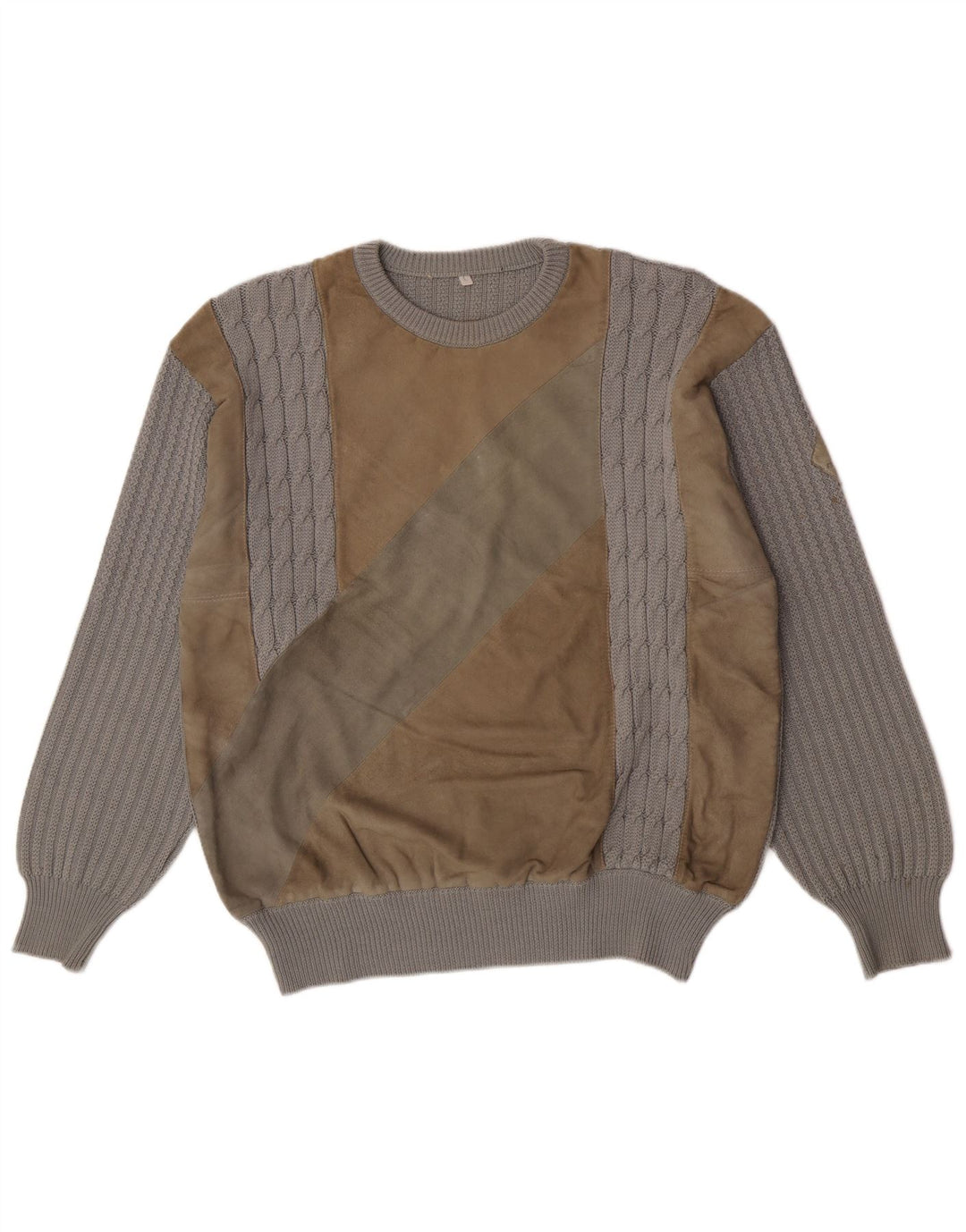 Vintage Mens Crew Neck Jumper Sweater Large Grey Colourblock Wool