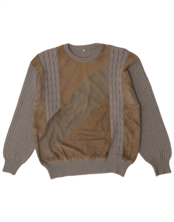Vintage Mens Crew Neck Jumper Sweater Large Grey Colourblock Wool