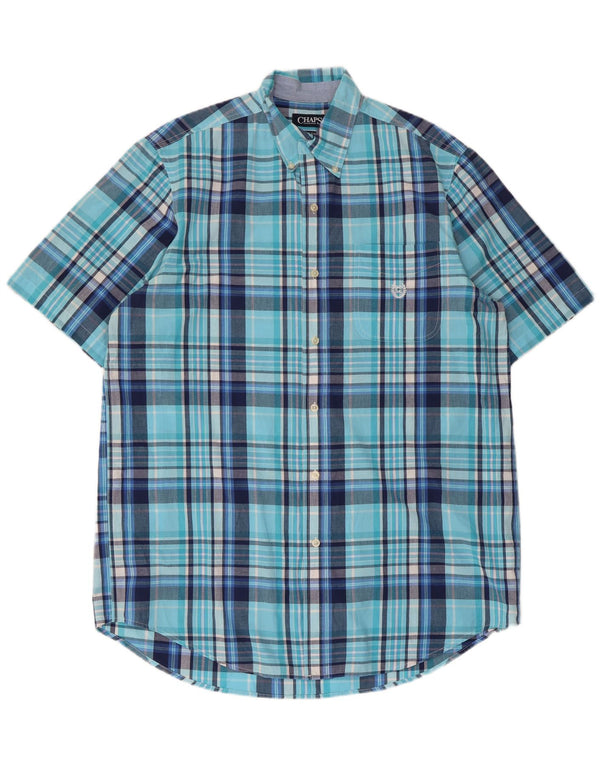 Chaps Mens Easy Care Short Sleeve Shirt Large Blue Check Cotton