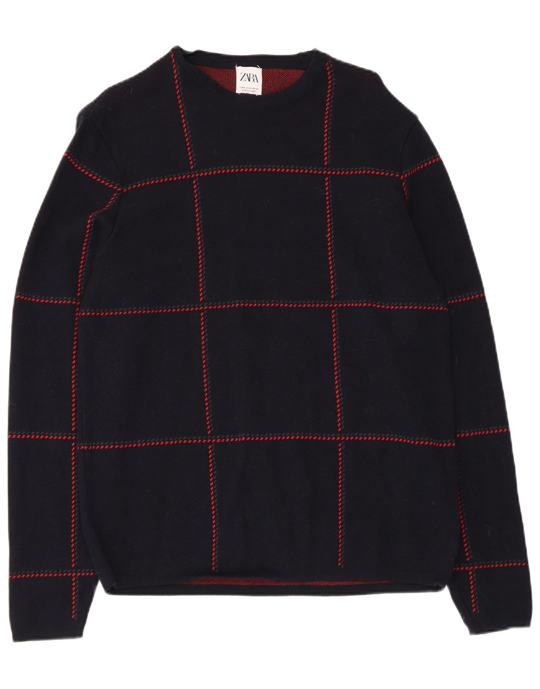 Zara Mens Crew Neck Jumper Sweater Medium Navy Blue Check Cotton