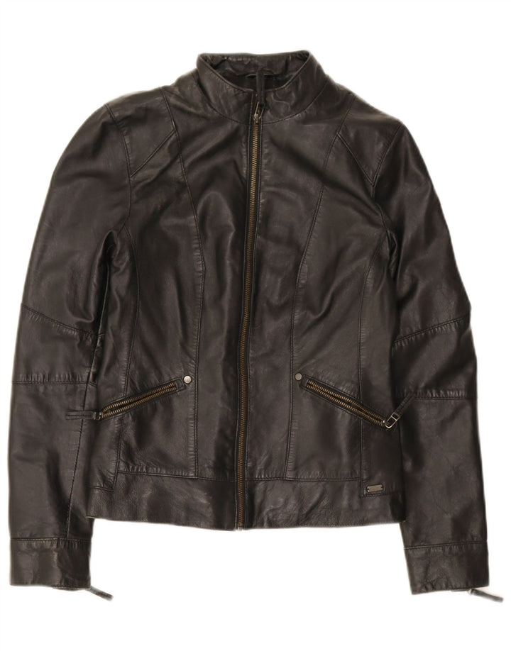 S.Oliver Womens Leather Biker Jacket UK 10 Small Black Lambskin