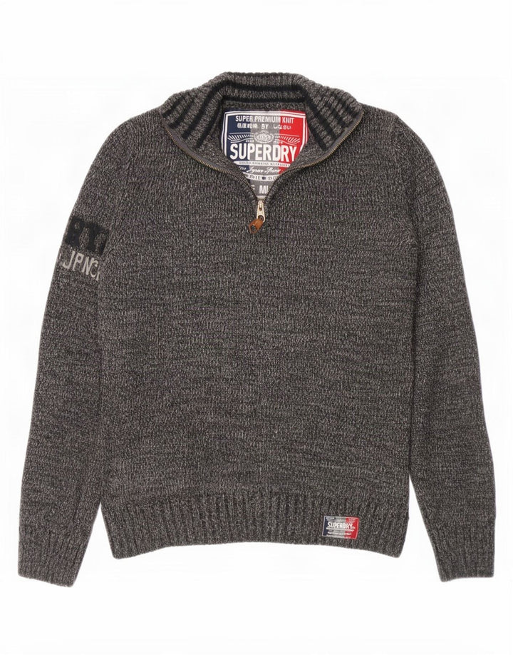 Superdry Mens Graphic Zip Neck Jumper Sweater Medium Grey Flecked Acrylic