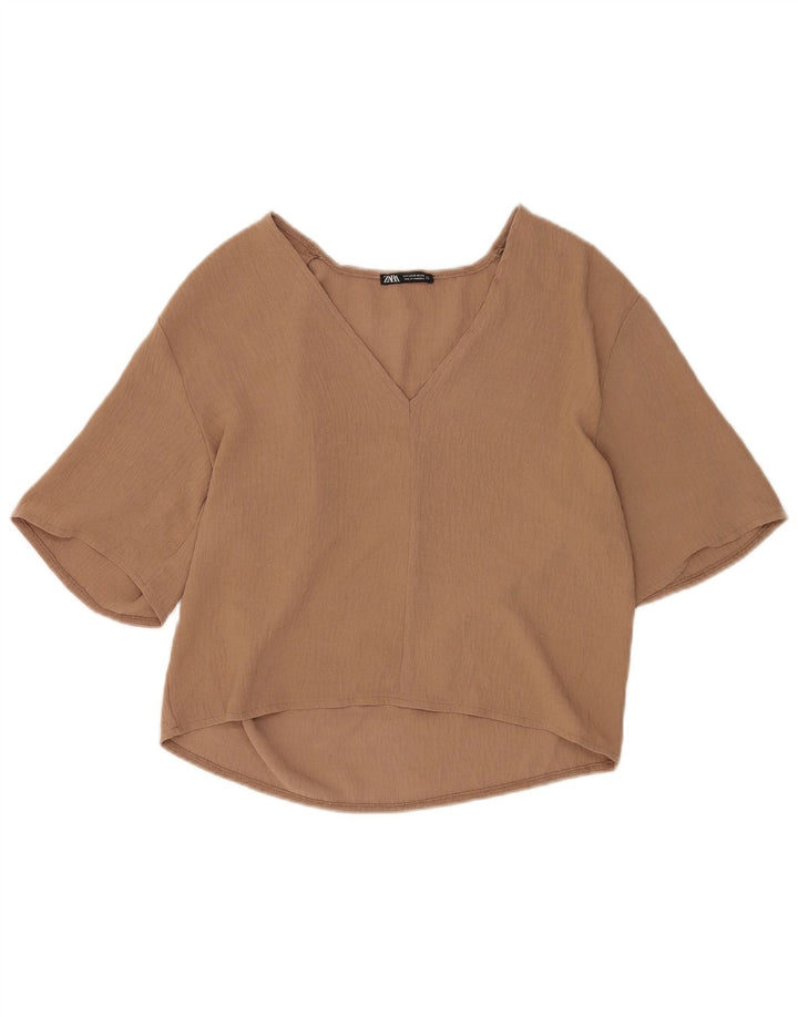 Zara Womens 1/2 Sleeve Blouse Top UK 10 Small Brown