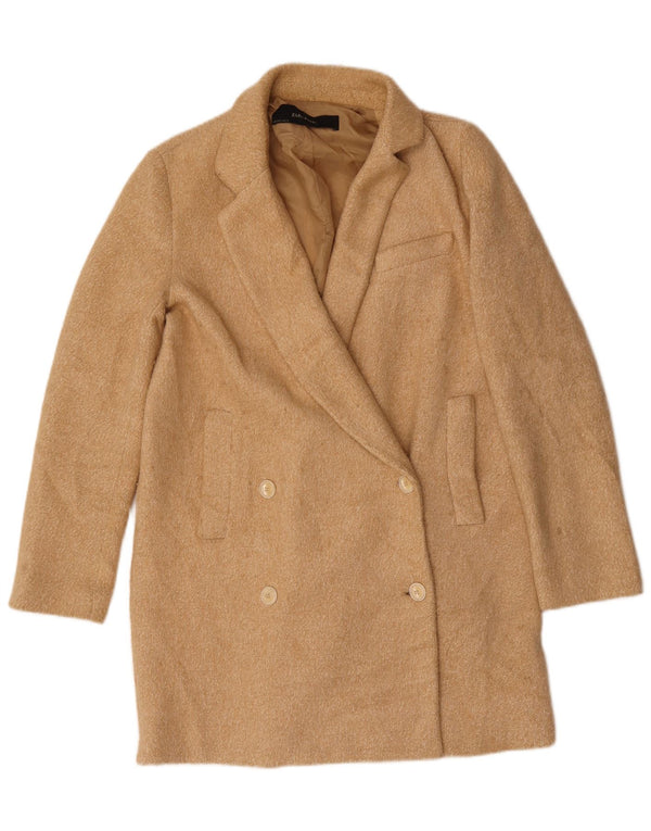 Zara Womens Oversized Double Breasted Coat UK 10 Small Beige Polyester
