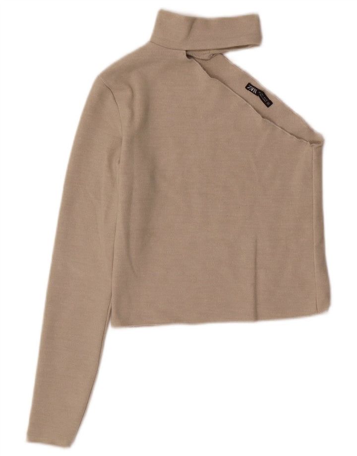ZARA Womens Crop One Shoulder Top UK 8 Small Beige Viscose