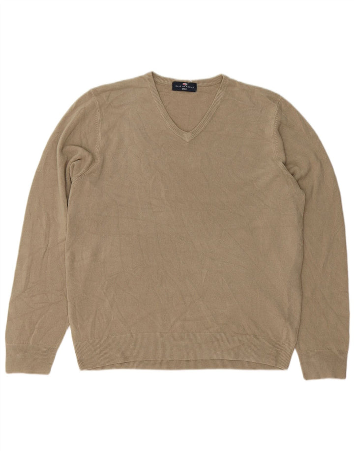 MARKS & SPENCER Mens Blue Harbour V-Neck Jumper Sweater Large Beige