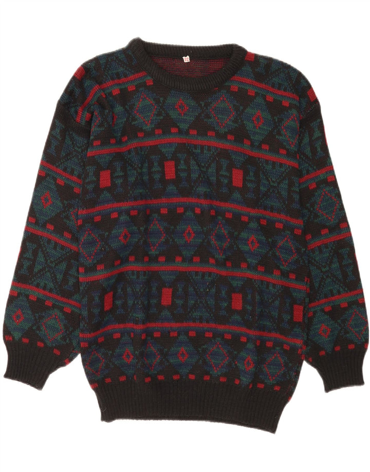 Vintage Mens Crew Neck Jumper Sweater Medium Grey Geometric