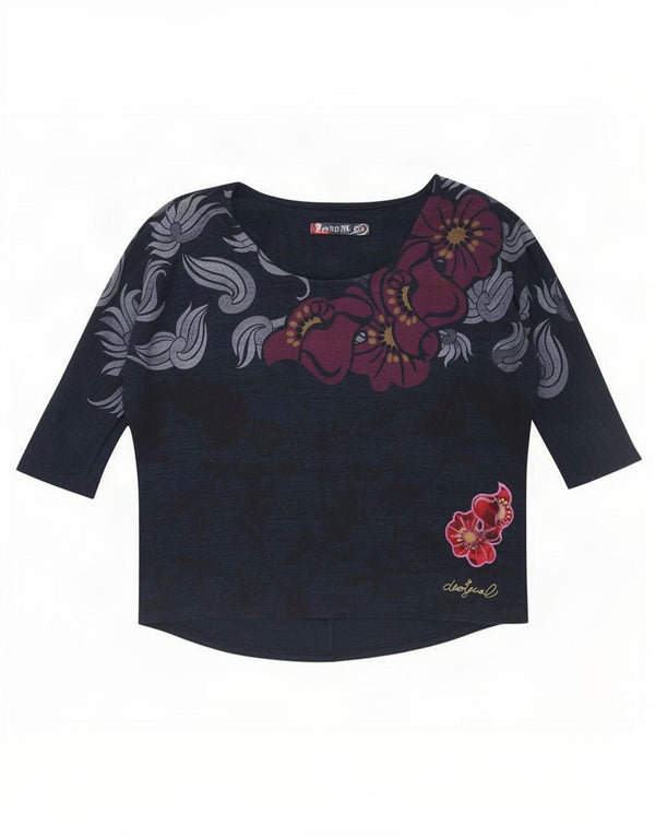 Desigual Haut surdimensionné à manches 3/4 pour femme UK 14 Bleu marine moyen floral