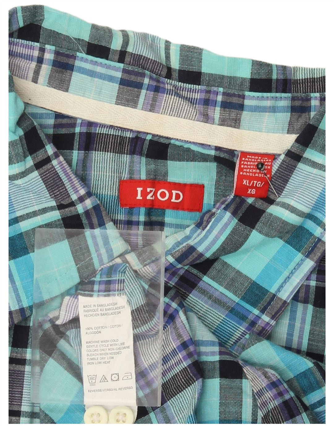 Izod Mens Short Sleeve Shirt XL Turquoise Check Cotton