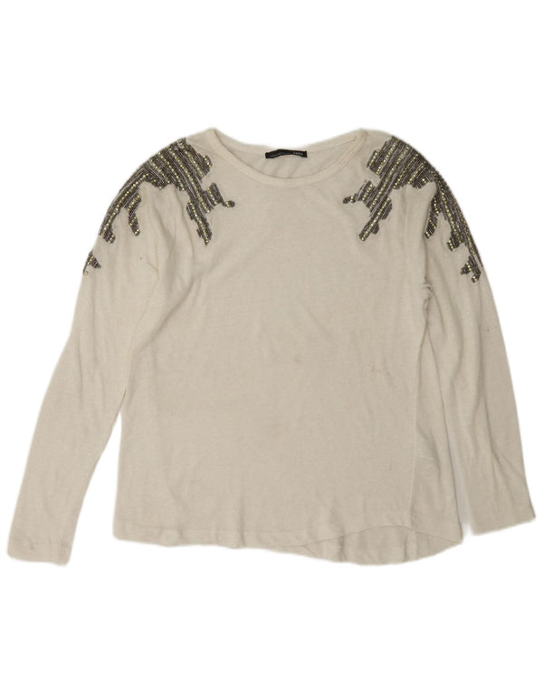 Zara Damen Top Langarm UK 10 Small Weiße Baumwolle