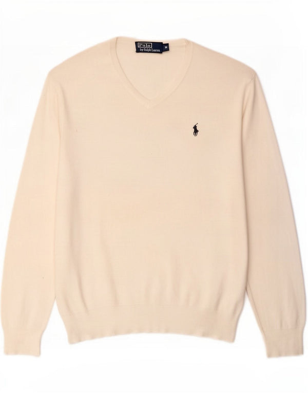 Polo Ralph Lauren Mens V-Neck Jumper Sweater Medium White Cotton