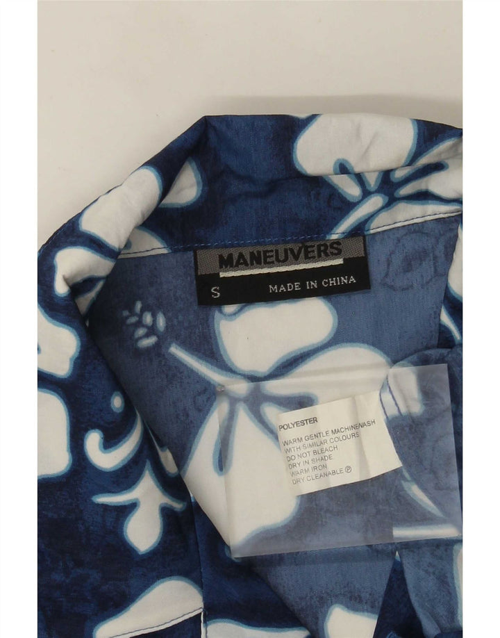 Vintage Mens Short Sleeve Shirt Small Blue Floral Polyester