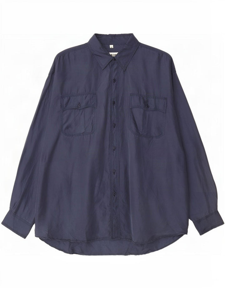 Chemise Homme Vintage XL Soie Bleu Marine
