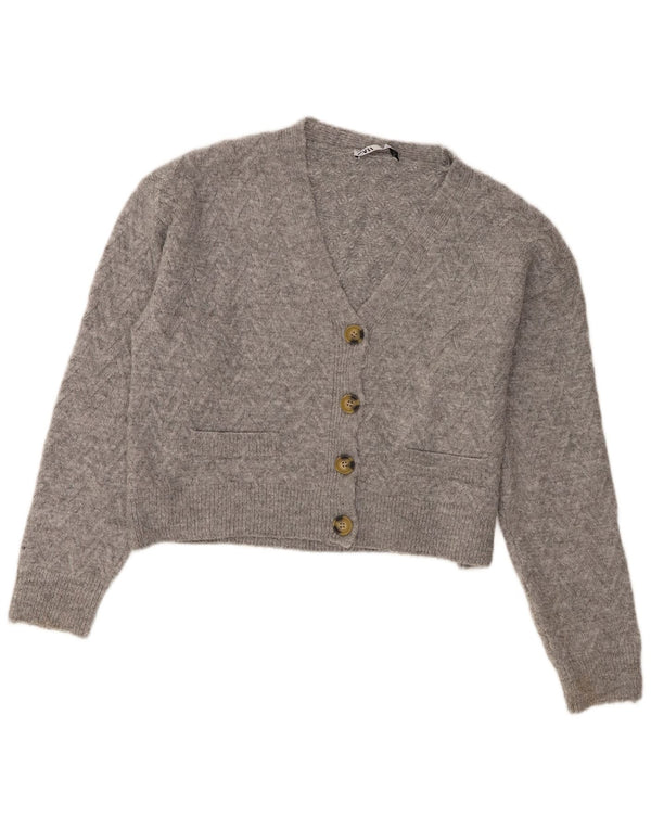 Zara Damen Crop Cardigan Pullover UK 14 Mittelgraues Acryl