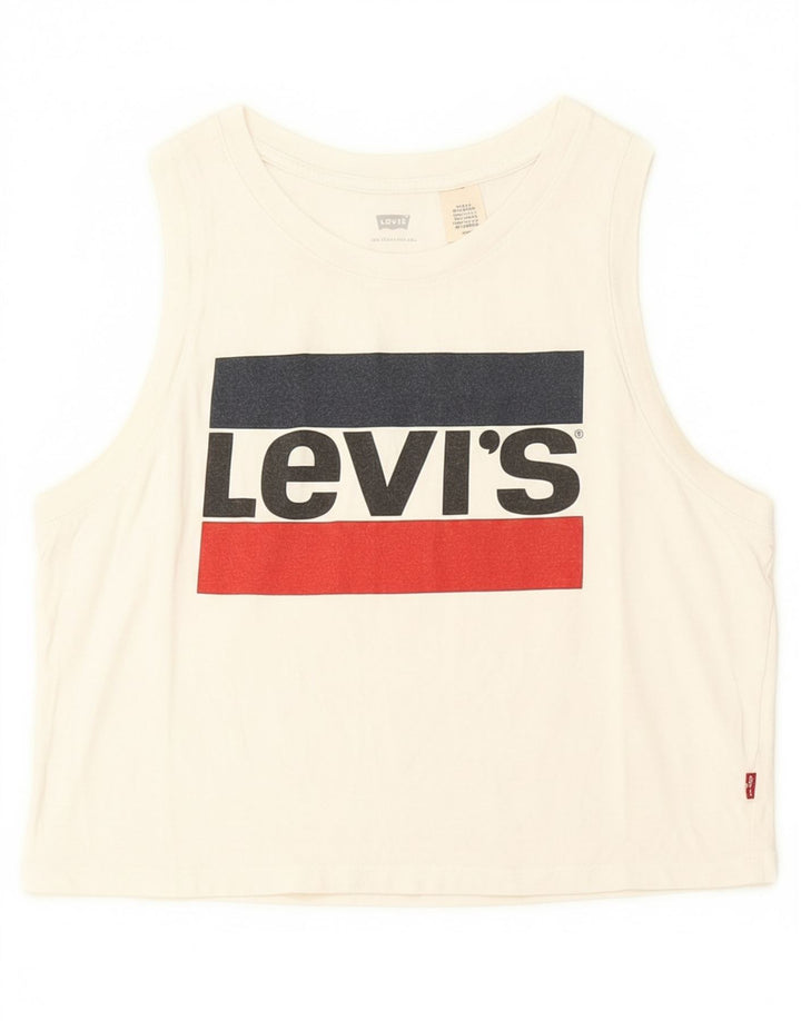 LEVI'S Womens Crop Graphic Vest Top UK 10 Small Off White Vintage Levi's and Second-Hand Levi's from Messina Hembry 