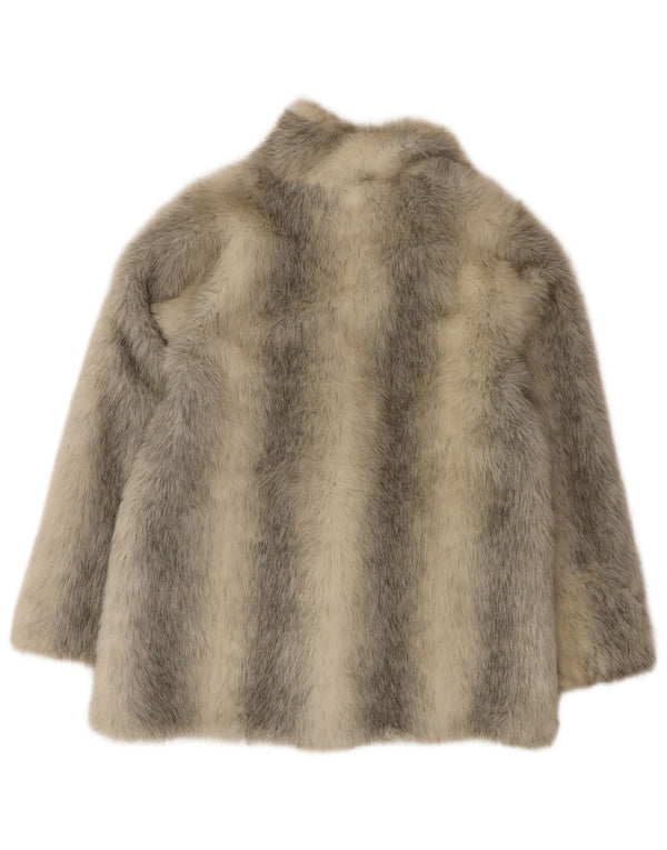 Vintage Womens Loose Fit Faux Fur Coat UK 10 Small Grey Striped Acrylic