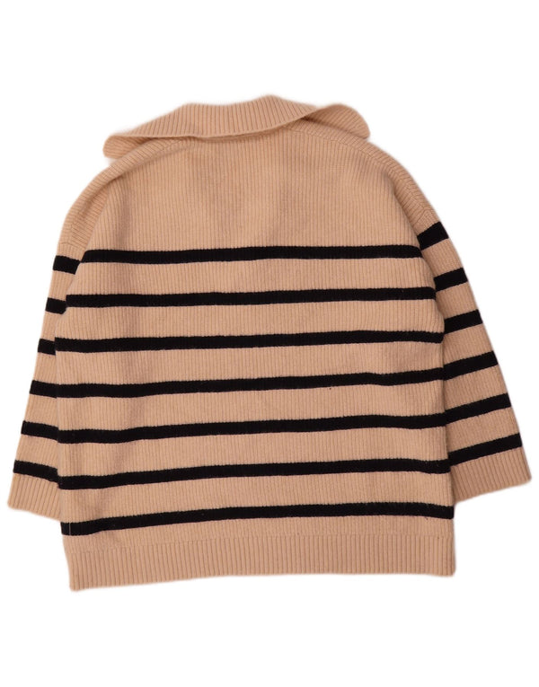 Zara Pull surdimensionné à col polo pour femme UK 16 Large Beige Rayé