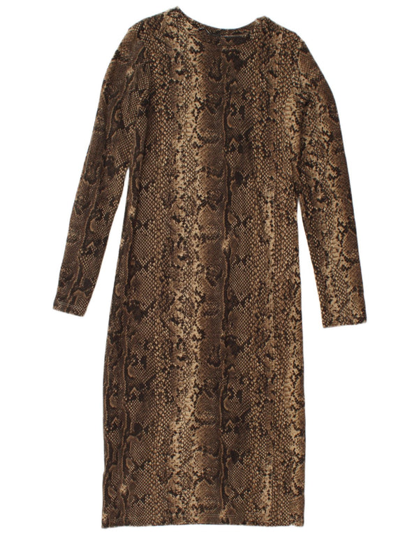 Zara Womens Long Sleeve Bodycon Dress UK 12 Medium Brown Animal Print