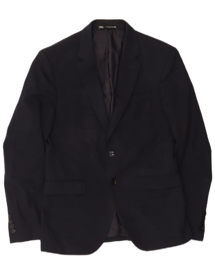 Zara Mens 2 Button Blazer Jacket EU 46 Small Navy Blue Polyester