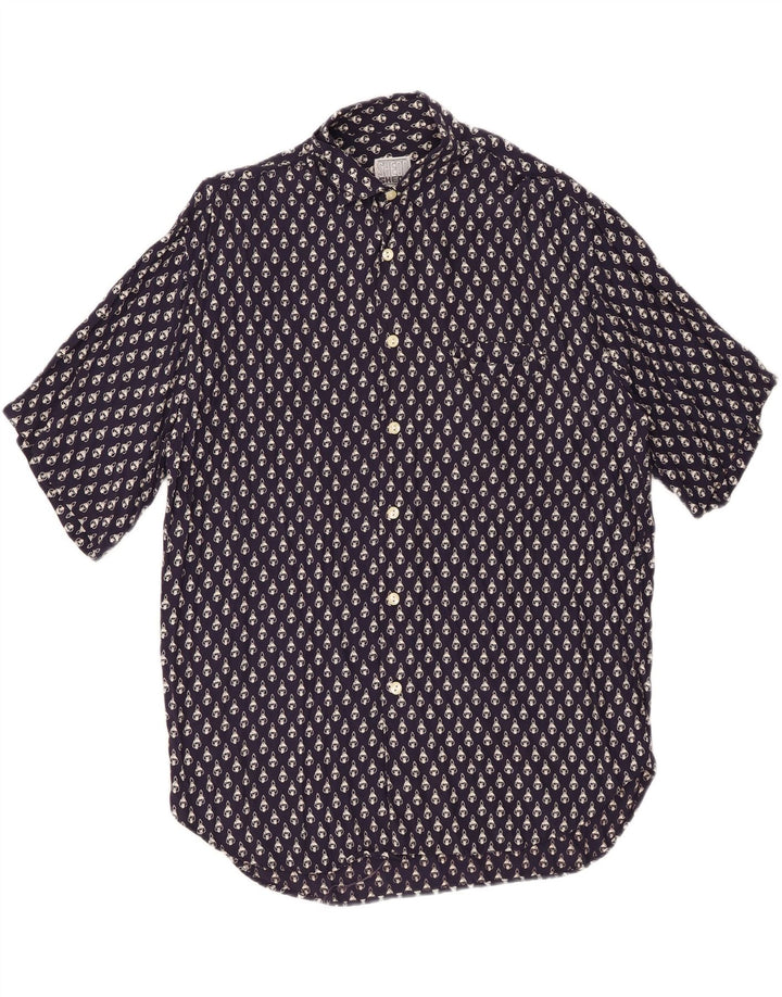 VINTAGE Mens Abstract Pattern Short Sleeve Shirt Medium Navy Blue Viscose