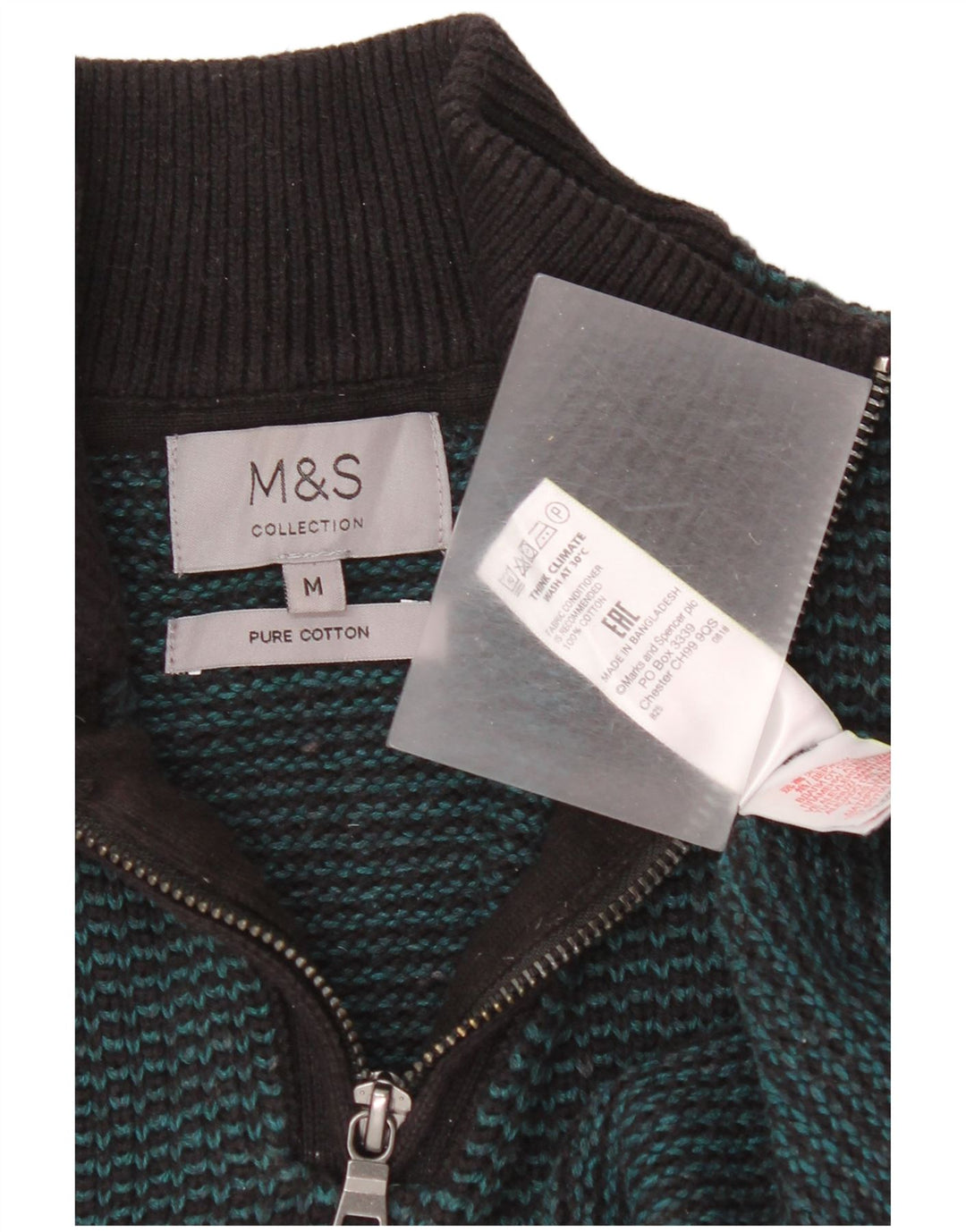 Marks & Spencer Pull col zippé pour homme en coton rayé vert moyen