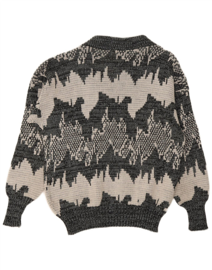 Vintage Mens Abstract Pattern V-Neck Jumper Sweater Medium Grey Geometric