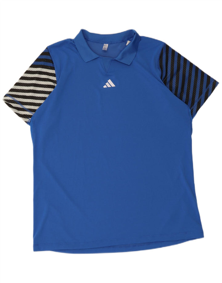 Adidas Mens Polo Shirt 2XL Blue Striped Polyester