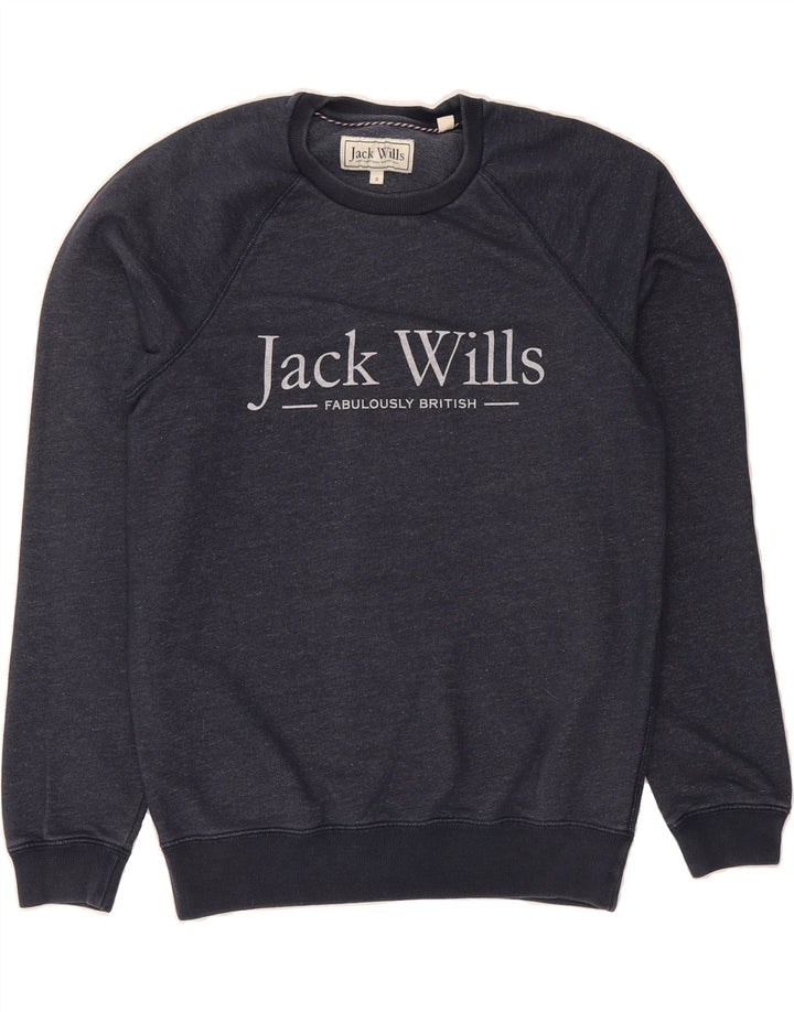 JACK WILLS Mens Graphic Sweatshirt Jumper Small Blue Cotton Vintage Jack Wills and Second-Hand Jack Wills from Messina Hembry 