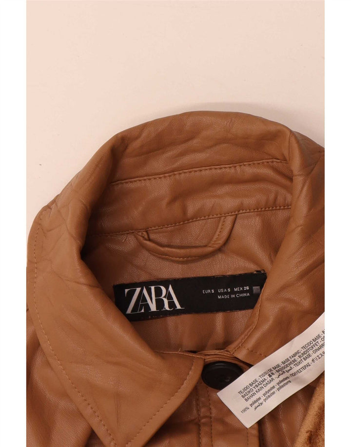 Zara Womens Oversized Faux Leather Overcoat UK 10 Small Brown Polyurethane