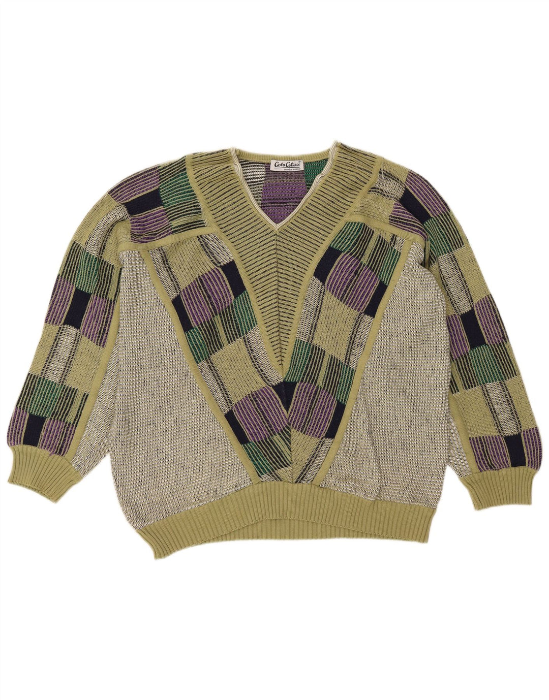 Carlo Colucci Mens V-Neck Jumper Sweater Medium Green Geometric