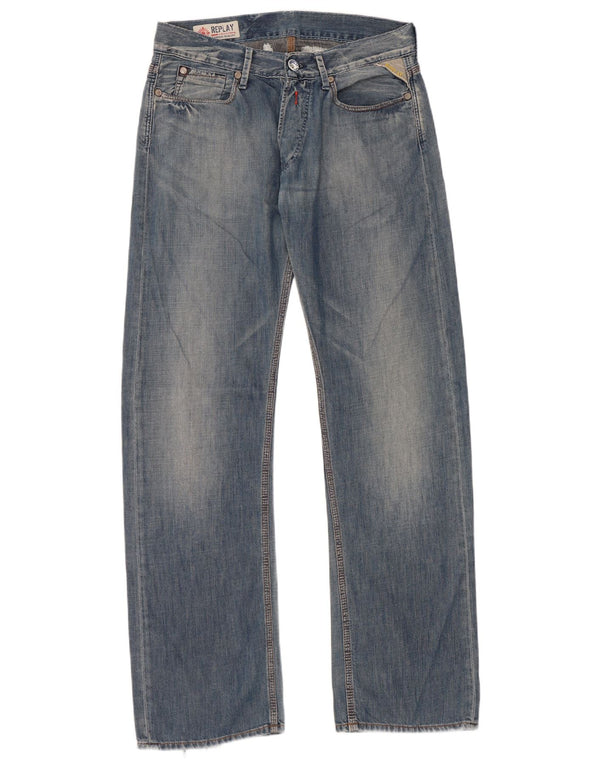 Replay Mens Graphic Straight Jeans W30 L34 Blue Cotton