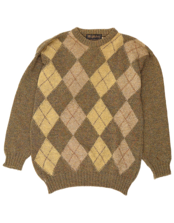 vintage Mens Crew Neck Jumper Pull UK 40 Moyen Kaki Argyle/Diamant