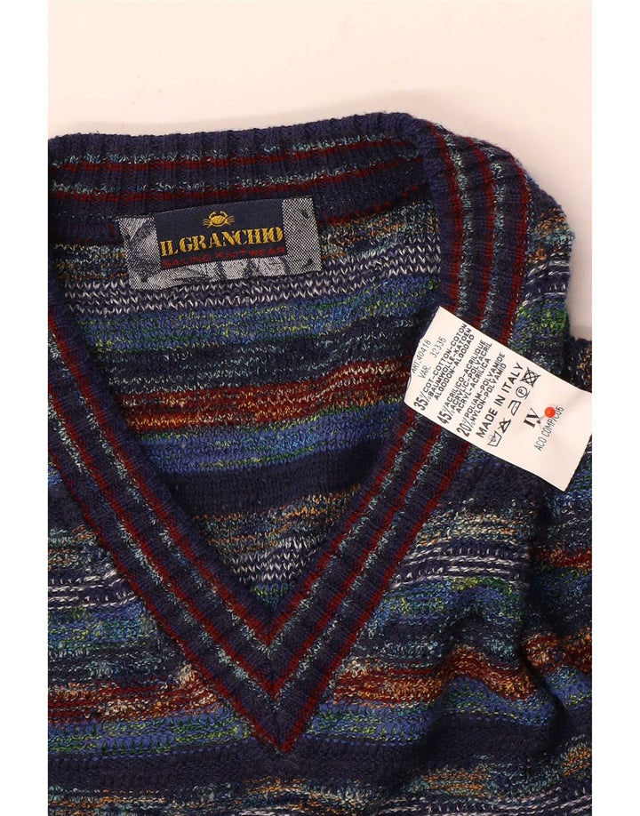 Il Granchio Mens V-Neck Jumper Sweater Medium Multicoloured Striped Cotton