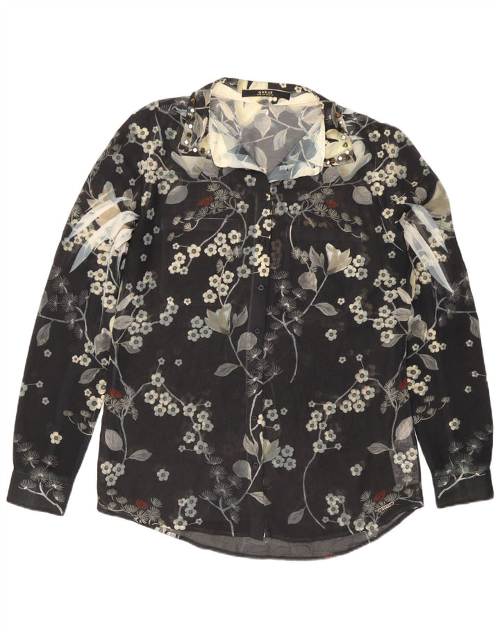 Guess Womens See Through Shirt Blouse UK 14 Medium Black Floral Polyester