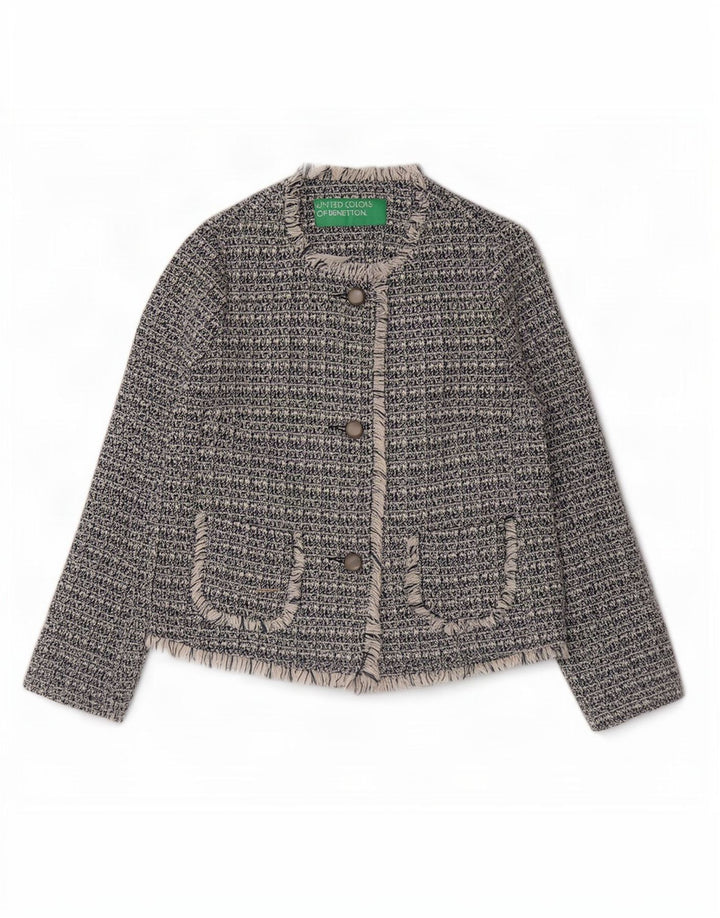 Benetton Veste blazer à 3 boutons pour femme UK 8 Petit coton moucheté bleu marine